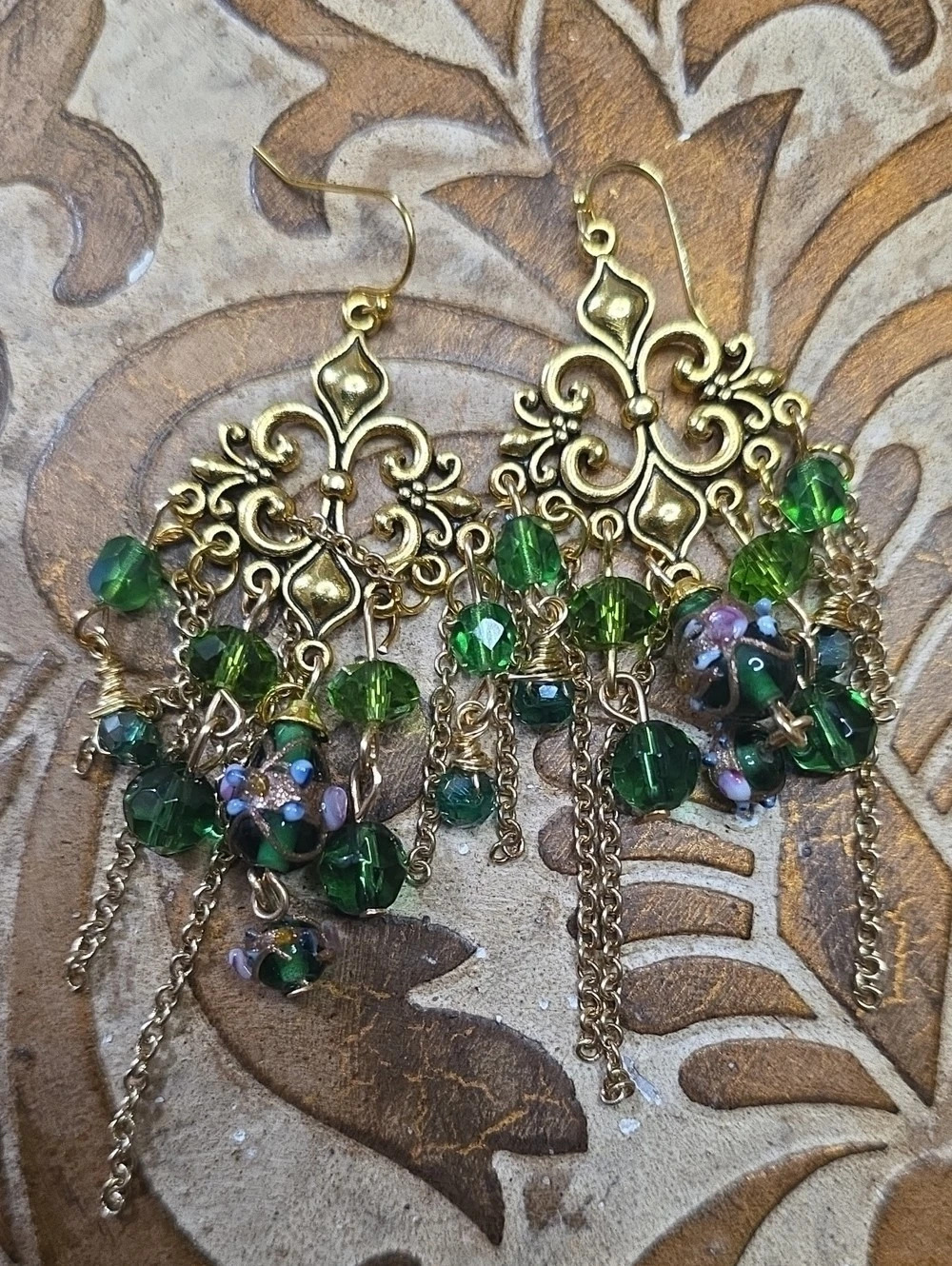 Green & Gold Filigree Dangle Earrings